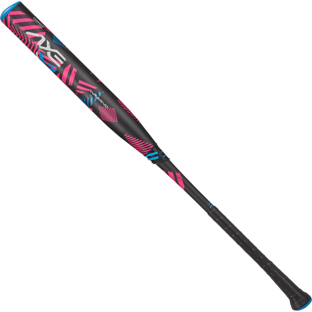 The 2024 AXE Inferno 12" Maxload NSA USSSA Slowpitch Softball Bat (L154M12-FLR) by AXE features a black composite design with pink and blue accents, bold Luxe graphics, a textured grip handle, and Hyperflex Barrel Technology for powerful hits.