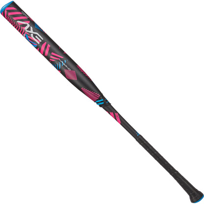 The 2024 AXE Inferno 12" Maxload NSA USSSA Slowpitch Softball Bat (L154M12-FLR) by AXE features a black composite design with pink and blue accents, bold Luxe graphics, a textured grip handle, and Hyperflex Barrel Technology for powerful hits.