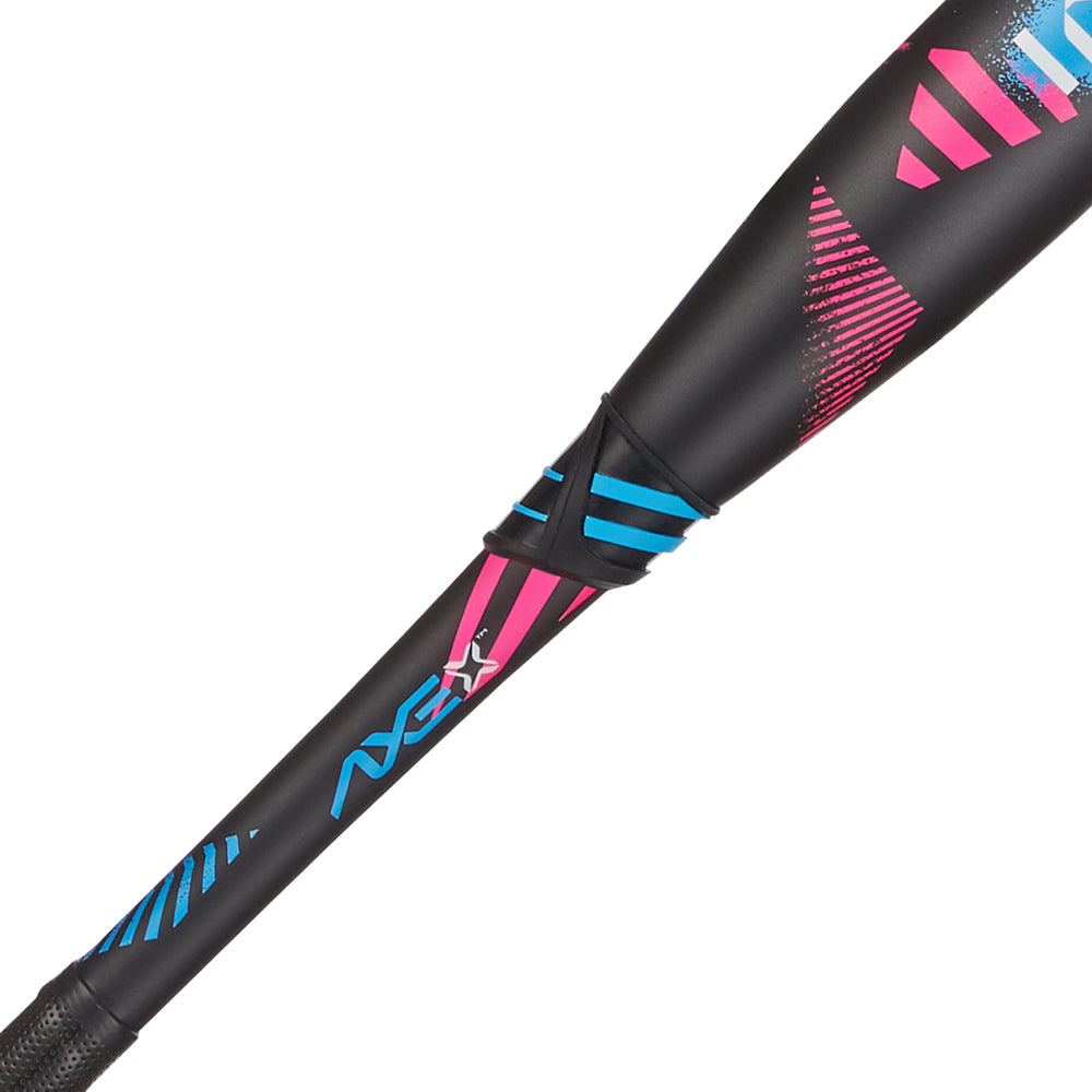Close-up of the 2024 AXE Inferno 12" Maxload NSA USSSA Slowpitch Softball Bat (L154M12-FLR), a black composite bat with pink/blue geometric designs, Axe logo on the handle, and Hyperflex Barrel Technology for superior performance.