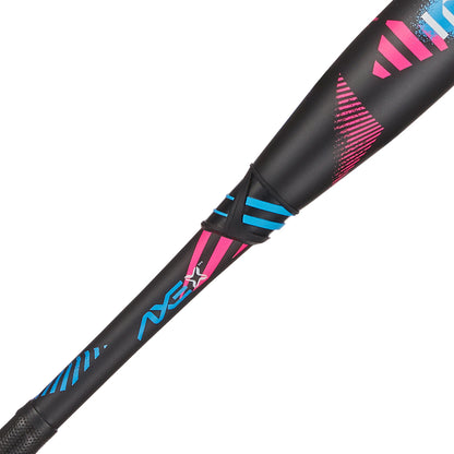 Close-up of the 2024 AXE Inferno 12" Maxload NSA USSSA Slowpitch Softball Bat (L154M12-FLR), a black composite bat with pink/blue geometric designs, Axe logo on the handle, and Hyperflex Barrel Technology for superior performance.