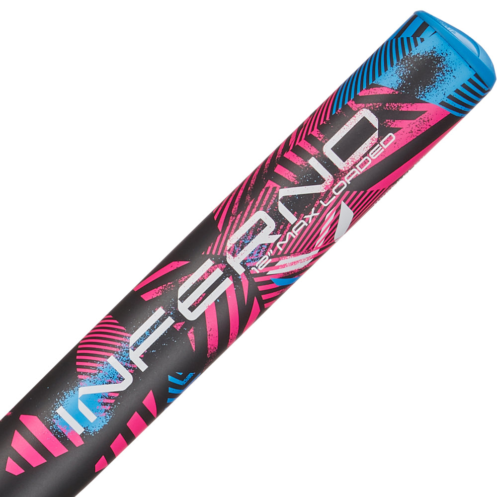 The 2024 AXE Inferno 12" Maxload NSA USSSA Slowpitch Softball Bat (L154M12-FLR) features a black design with blue and pink graphics, large INFERNO lettering, Maxload end-load, and bold abstract patterns on an advanced composite barrel.