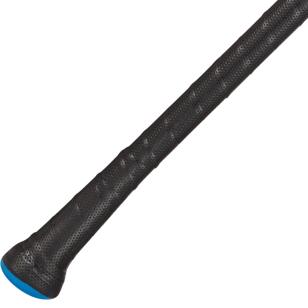 Close-up of the AXE Inferno 12" Maxload Slowpitch Bat (L154M12-FLR) handle, wrapped in textured black grip tape with a blue end cap.