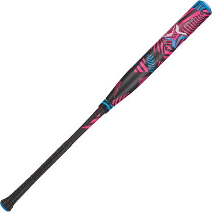 The 2024 AXE Inferno 12" Maxload NSA USSSA Slowpitch Softball Bat (L154M12-FLR) by AXE features a black composite build, textured grip, vibrant pink/blue geometric barrel patterns, and Hyperflex Barrel Technology for top performance.