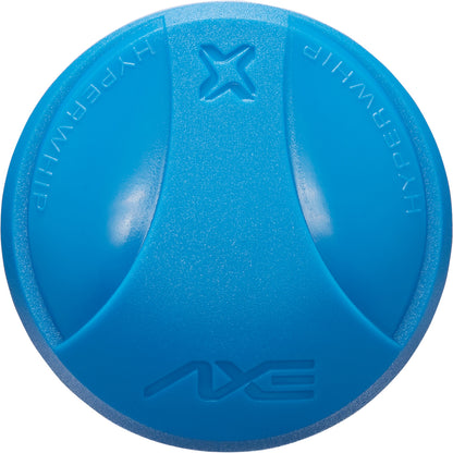 A bright blue, round plastic object with a raised AXE logo and "HYPERWHIP" molded on the surface, inspired by the Hyperflex Barrel Technology in the 2024 AXE Inferno 12" Maxload NSA USSSA Slowpitch Softball Bat (L154M12-FLR).