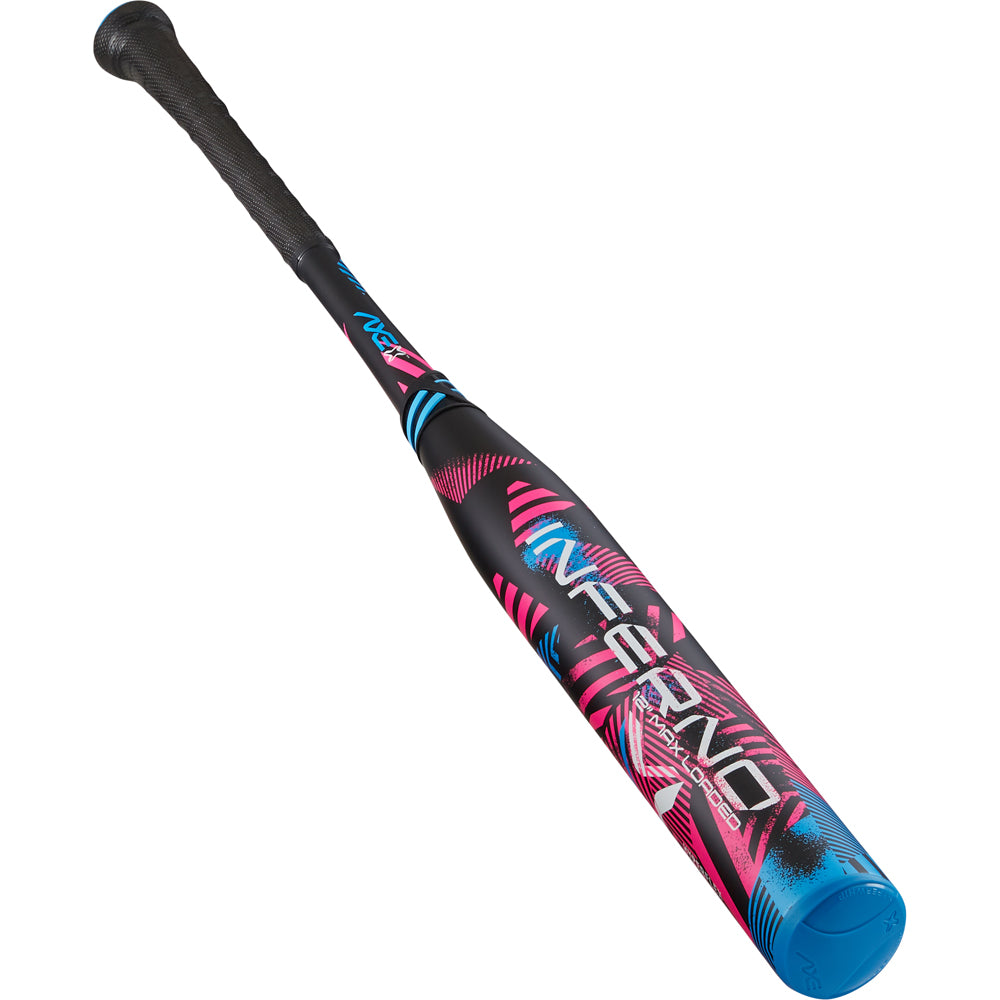 The 2024 AXE Inferno 12" Maxload NSA USSSA Slowpitch Bat (L154M12-FLR) features a black handle and barrel with blue and pink abstract designs, "INFERNO" in large letters, and a solid blue end cap. Brand: AXE.