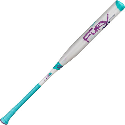 The 2025 AXE Fury 13" Endload NSA USSSA Slowpitch Softball Bat (L154P-E-FLR) features bold purple "Fury" lettering, a teal/white/purple design, matching teal grip and end cap, and Hyperflex Barrel Technology for top performance.