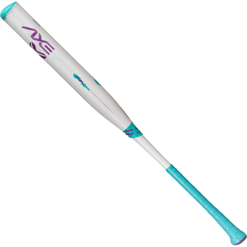 The 2025 AXE Fury 13" Endload NSA USSSA Slowpitch Softball Bat (L154P-E-FLR) is a white and teal bat with a teal grip, purple accents, Hyperflex Barrel Technology, and purple NZE lettering on the barrel.