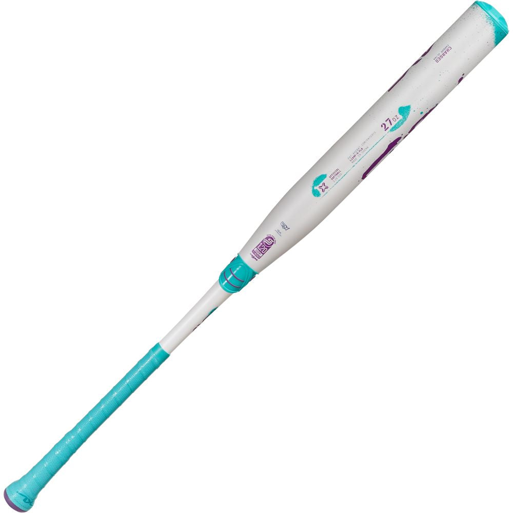 The 2025 AXE Fury 13" Endload NSA USSSA Slowpitch Softball Bat (L154P-E-FLR) features a white and teal design with purple accents, Hyperflex Barrel Technology, teal grip, endload balance, and subtle barrel graphics.