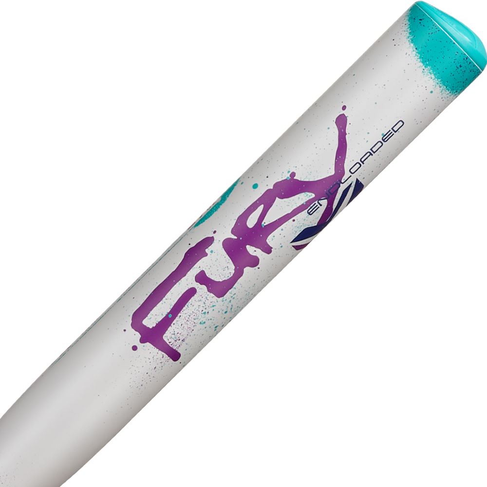 The 2025 AXE Fury 13" Endload NSA USSSA Slowpitch Softball Bat (L154P-E-FLR) features a white design with teal and purple splatters, bold purple “Fury” lettering, a teal end cap, and an endloaded swing for extra power.