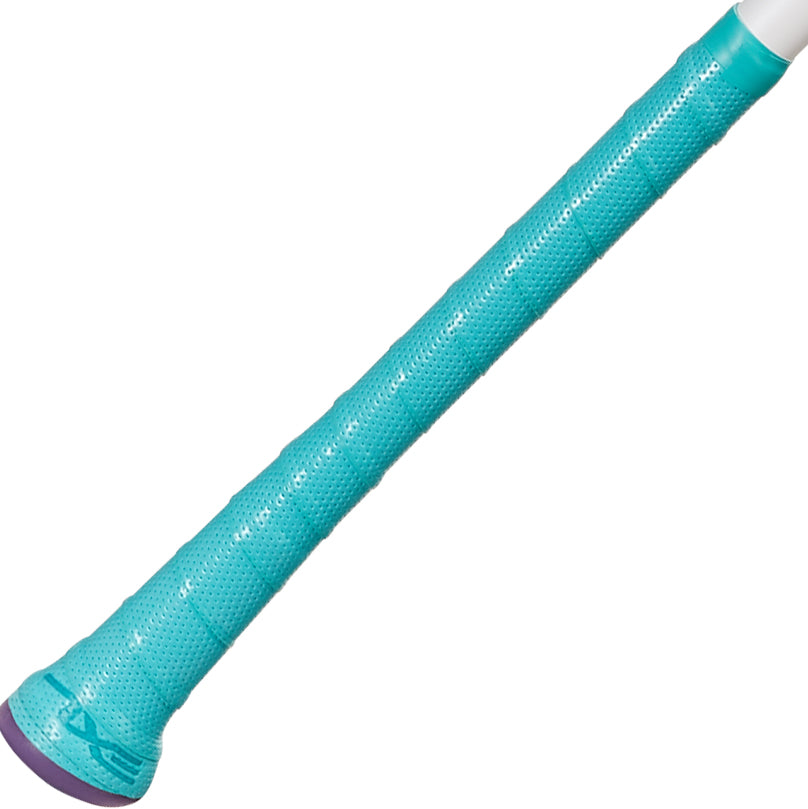 A close-up of the turquoise textured grip and flared purple end cap on the 2025 AXE Fury 13" Endload NSA USSSA Slowpitch Softball Bat (L154P-E-FLR) by AXE, designed with Hyperflex Barrel Technology.
