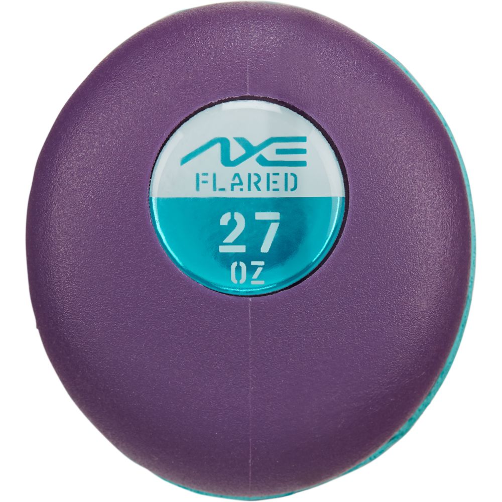 A round, purple and teal 2025 AXE Fury 13" Endload NSA USSSA Slowpitch Softball Bat: L154P-E-FLR flared knob with AXE FLARED 27 OZ written in white on a teal circle, designed for power hitters seeking endload performance.