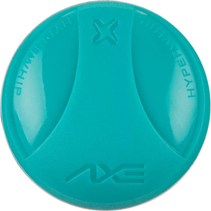 A round, teal plastic lid with AXE and HYPERWHIP embossed on it, featuring a modern design and subtle curves—perfectly complementing the 2025 AXE Fury 13" Endload NSA USSSA Slowpitch Softball Bat: L154P-E-FLR.