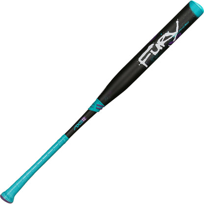The 2025 AXE Fury 13" Balanced NSA USSSA Slowpitch Softball Bat (L154P-FLR) features a black and teal design, "FURY" in large white letters, Hyperflex Barrel Technology, and a turquoise grip on the handle.