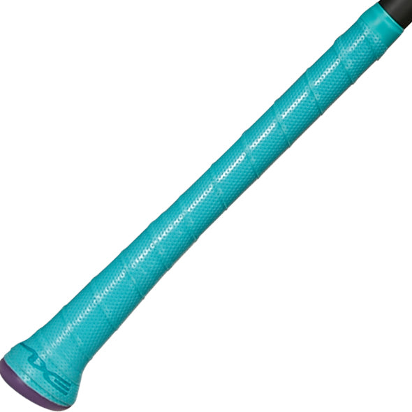 A close-up of the teal, textured grip handle of the 2025 AXE Fury 13" Balanced NSA USSSA Slowpitch Softball Bat (L154P-FLR) by AXE, featuring a purple cap for optimal control and performance.