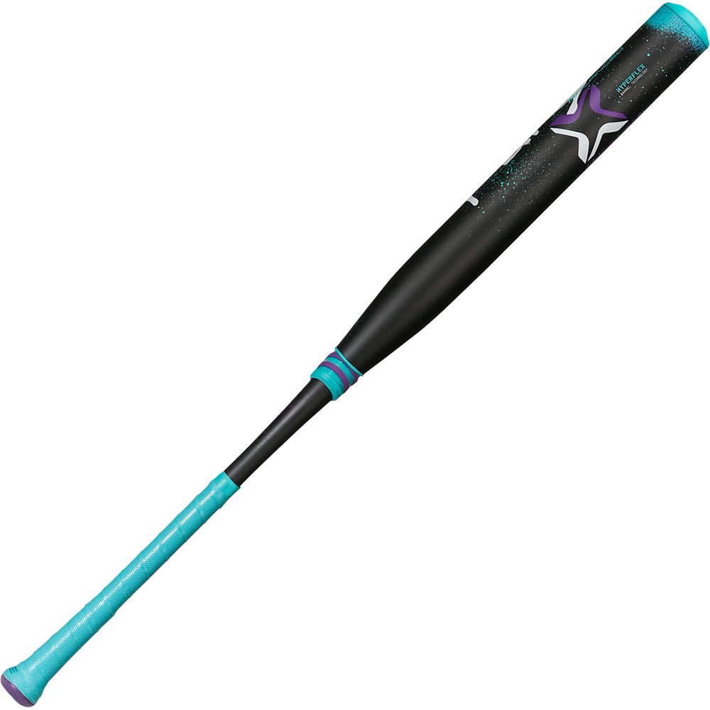 The 2025 AXE Fury 13" Balanced NSA USSSA Slowpitch Softball Bat (L154P-FLR) features a sleek black and teal design with purple accents, Hyperflex Barrel Technology, a teal-wrapped grip, and a white stylized X logo near the barrel.