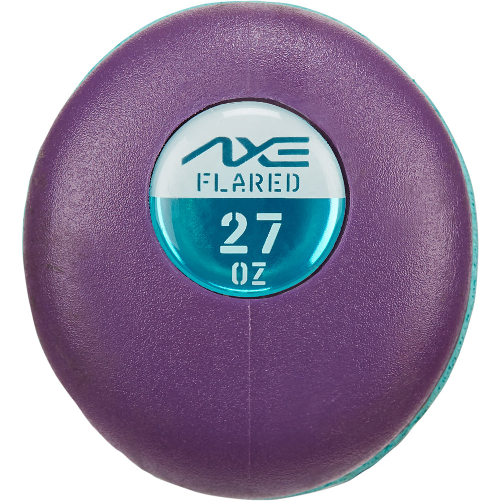 A close-up of a purple AXE Fury 13" Balanced NSA USSSA Slowpitch Softball Bat (L154P-FLR) shows a blue and white label reading AXE FLARED 27 OZ, highlighting the Hyperflex Barrel Technology in top balanced bats.
