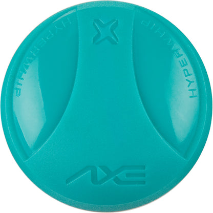 A round, teal lid with AXE embossed at the bottom and HYPERWHIP on the upper right edge, inspired by the 2025 AXE Fury 13" Balanced NSA USSSA Slowpitch Softball Bat (L154P-FLR) and its Hyperflex Barrel Technology.