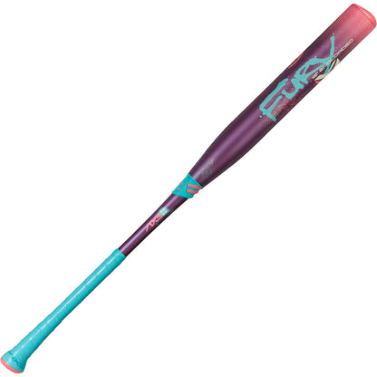 The 2025 AXE Fury 12" Endload NSA USSSA Slowpitch Softball Bat (L154P12-FLR) features a purple and pink design with teal accents, bold "FURY" lettering on the barrel, and a teal grip tape handle for comfort.