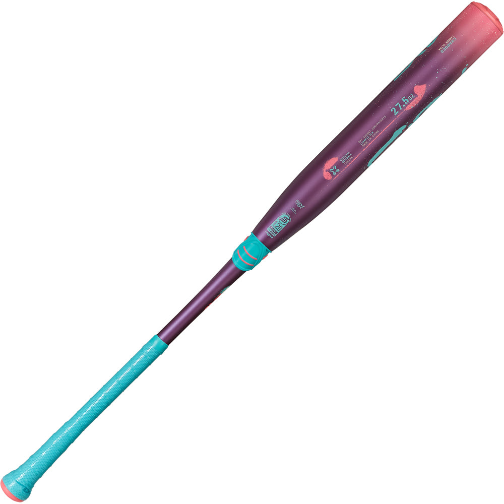 The 2025 AXE Fury 12" Endload NSA USSSA Slowpitch Softball Bat (L154P12-FLR) from AXE features a teal handle and a purple-to-pink barrel with white graphics, giving this standout bat a bold and unique appearance.