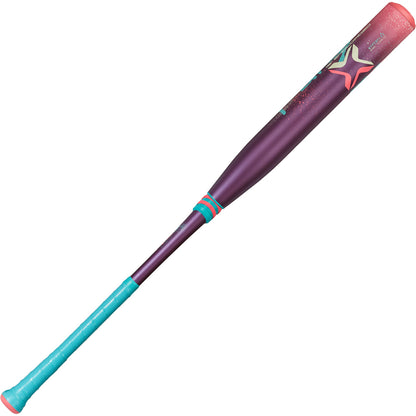 The 2025 AXE Fury 12" Endload NSA USSSA Slowpitch Softball Bat (L154P12-FLR) is a purple and blue Axe bat, ideal for USSSA slowpitch softball games.
