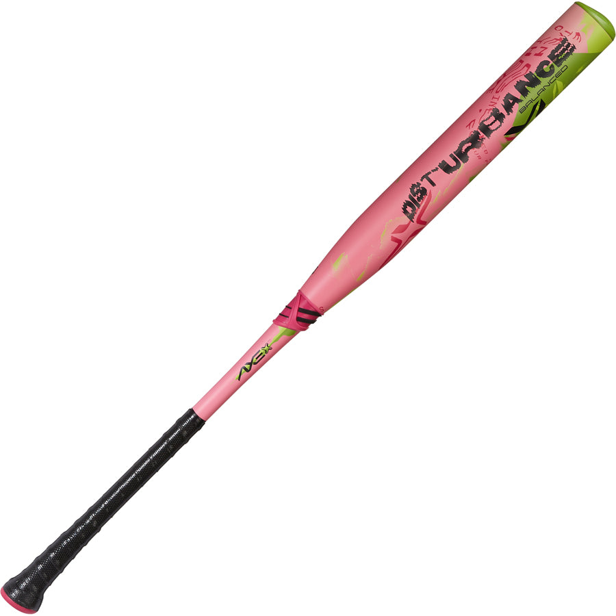 The 2025 AXE Disturbance 13" Balanced USA Slowpitch Softball Bat (L155P-FLR) by AXE features a pink and green composite barrel with "DISTURBANCE" in bold black and pink letters and a black grip.