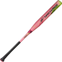 The 2025 AXE Disturbance 13" Balanced USA Slowpitch Softball Bat (L155P-FLR) by AXE features a pink and green composite barrel with "DISTURBANCE" in bold black and pink letters and a black grip.