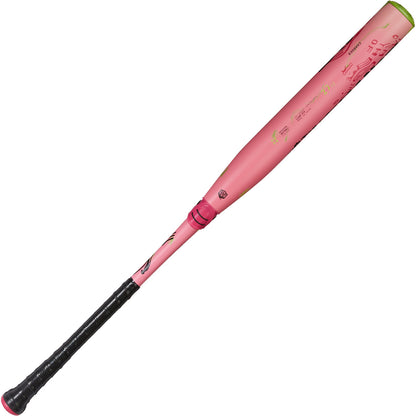 The 2025 AXE Disturbance 13" Balanced USA Slowpitch Softball Bat (L155P-FLR) by AXE features a pink composite barrel, black grip tape, and green end cap accents, displayed against a white background.