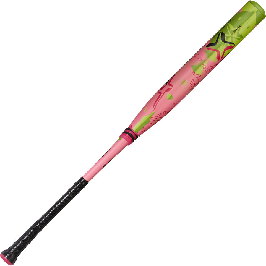 The 2025 AXE Disturbance 13" Balanced USA Slowpitch Softball Bat (L155P-FLR) by AXE features a pink and green metal design with black grip, star patterns, composite barrel, and a sleek, modern look.