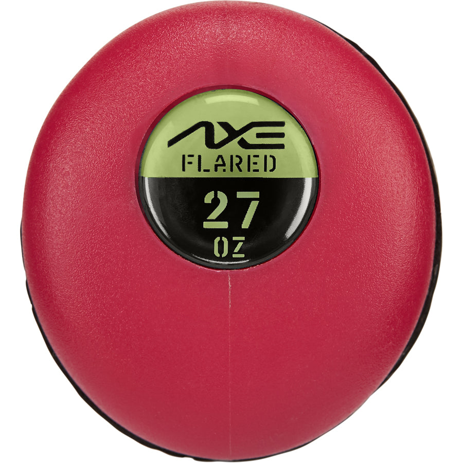 The 2025 AXE Disturbance 13" Balanced USA Slowpitch Softball Bat (L155P-FLR) by AXE features a red round design with black and green circles, resembling its composite barrel—ideal for USA Slowpitch softball.