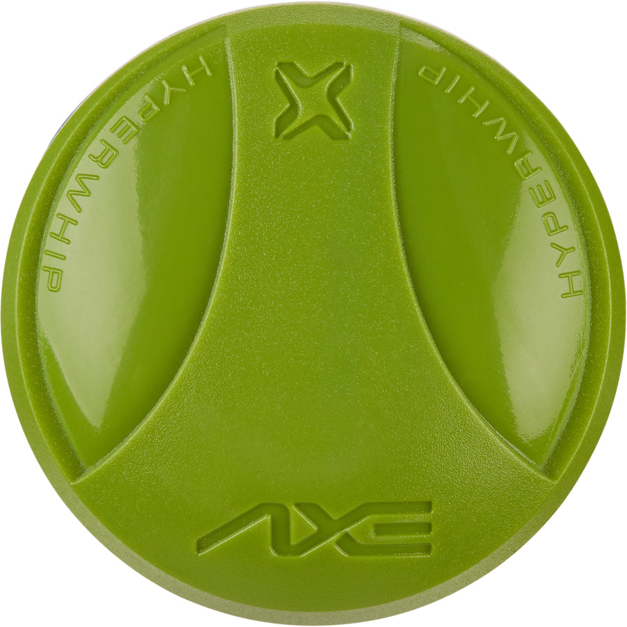 A round, green container with shiny sections and raised “AXE” and “HYPERWHIP” lettering along the edge evokes the balanced power of the 2025 AXE Disturbance 13" Balanced USA Slowpitch Softball Bat: L155P-FLR. Lid displays an "X" logo at the center.