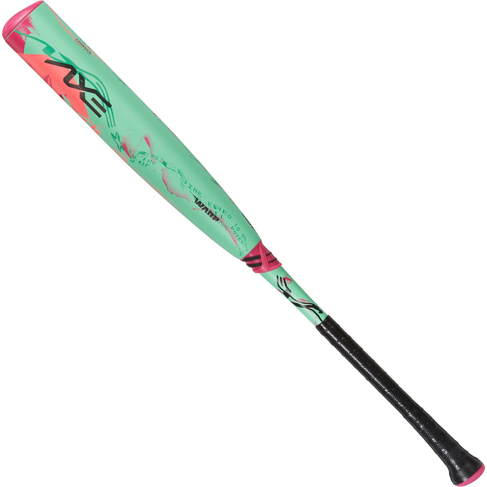 The 2025 AXE Warp (-8) 2 3/4" USSSA Baseball Bat (L173P-FLR) by AXE features WARP technology in a green and pink design for peak performance.