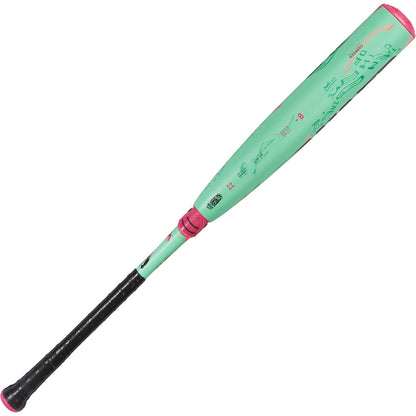 2025 AXE Warp (-8) 2 3/4" USSSA Baseball Bat (L173P-FLR) by AXE, features a black grip and light green barrel with pink graphics, combining bold style and high performance. Displayed against a white background.