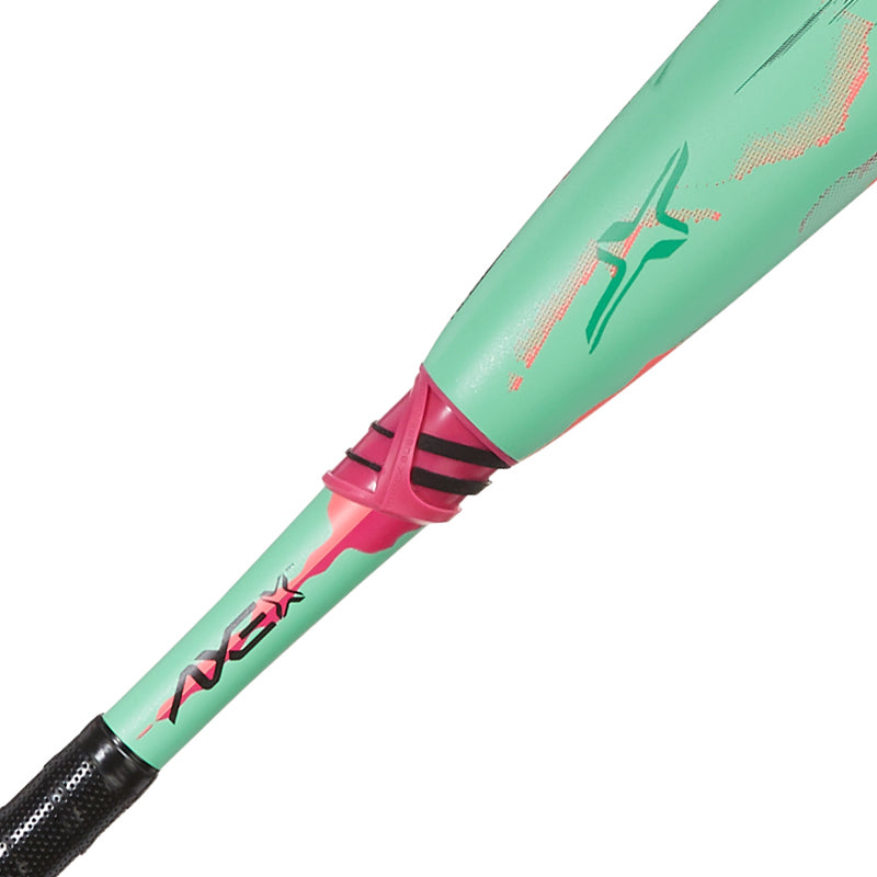 A close-up of the 2025 AXE Warp (-8) 2 3/4" USSSA Baseball Bat (L173P-FLR) in mint green and pink, with a black grip and stylized AXE logo with modern barrel graphics.
