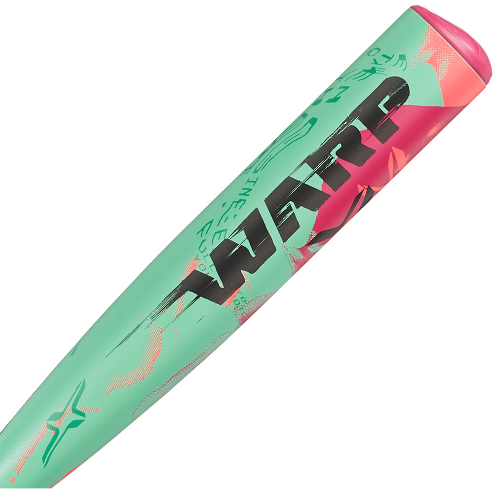 A close-up of the 2025 AXE Warp (-8) 2 3/4" USSSA Baseball Bat (L173P-FLR) by AXE, showcasing vibrant green and pink graphics, bold "WARP" lettering, a modern design, and a glossy finish.