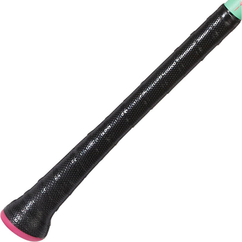 Close-up of the black, textured grip handle with a flared pink end and hint of green from the 2025 AXE Warp (-8) 2 3/4" USSSA Baseball Bat: L173P-FLR.
