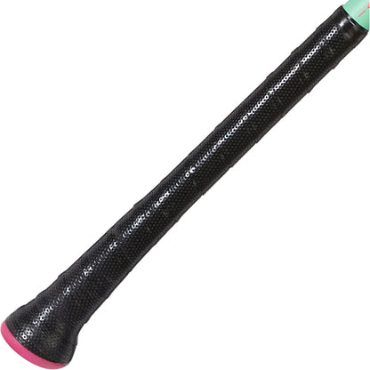 Close-up of the black, textured grip handle with a flared pink end and hint of green from the 2025 AXE Warp (-8) 2 3/4" USSSA Baseball Bat: L173P-FLR.