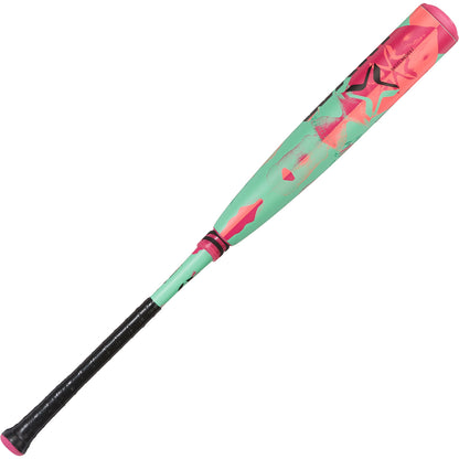 The 2025 AXE Warp (-8) 2 3/4" USSSA Baseball Bat (L173P-FLR) by AXE boasts a black grip, light turquoise body, and pink/black geometric barrel accents—delivering standout style and elite performance.