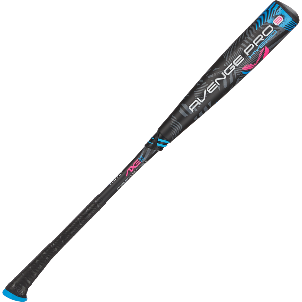 The 2024 AXE Avenge Pro 3 Hybrid (-8) USA Baseball Bat (L174M) features a black and blue design with pink and blue accents, a textured grip, and modern barrel graphics.