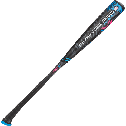 The 2024 AXE Avenge Pro 3 Hybrid (-8) USA Baseball Bat (L174M) features a black and blue design with pink and blue accents, a textured grip, and modern barrel graphics.