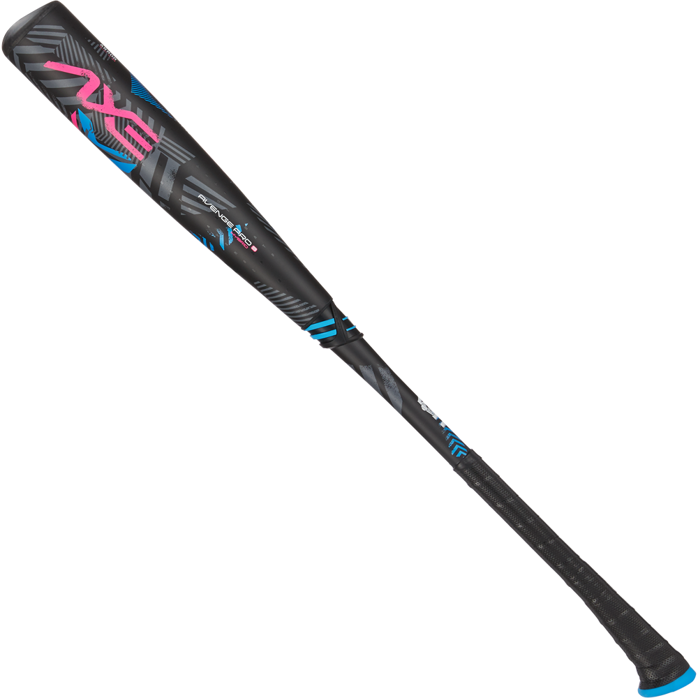 The 2024 AXE Avenge Pro 3 Hybrid (-8) USA Baseball Bat (L174M) features a black and gray design with blue and pink accents, a wrapped grip handle, and bold barrel graphics—ideal for youth players wanting a standout bat from AXE.