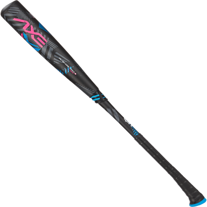 The 2024 AXE Avenge Pro 3 Hybrid (-8) USA Baseball Bat (L174M) features a black and gray design with blue and pink accents, a wrapped grip handle, and bold barrel graphics—ideal for youth players wanting a standout bat from AXE.