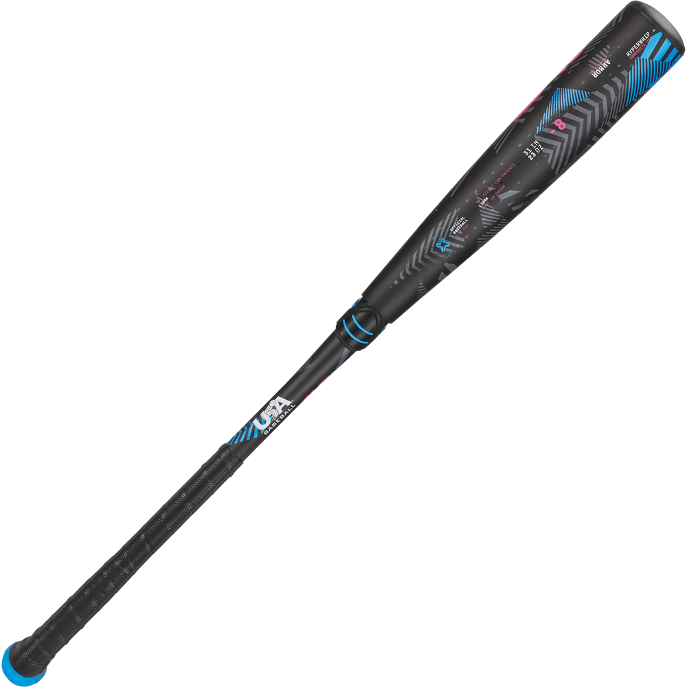 The 2024 AXE Avenge Pro 3 Hybrid (-8) 2 5/8" USA Baseball Bat (L174M), in black with blue and red accents, features a textured grip and geometric barrel patterns, displayed on a white background.