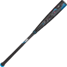 The 2024 AXE Avenge Pro 3 Hybrid (-8) 2 5/8" USA Baseball Bat (L174M), in black with blue and red accents, features a textured grip and geometric barrel patterns, displayed on a white background.