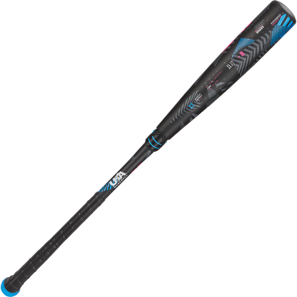 The 2024 AXE Avenge Pro 3 Hybrid (-8) 2 5/8" USA Baseball Bat (L174M), in black with blue and red accents, features a textured grip and geometric barrel patterns, displayed on a white background.