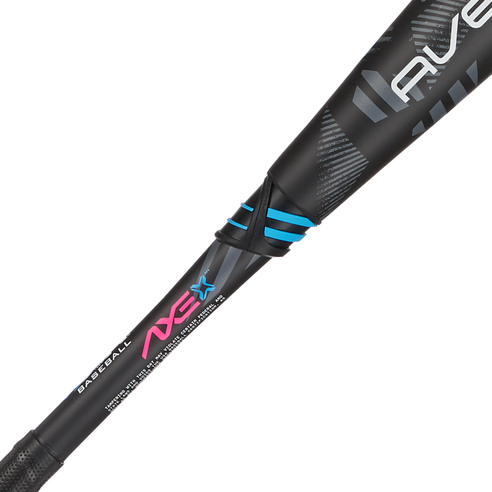 A close-up of the 2024 AXE Avenge Pro 3 Hybrid (-8) USA Baseball Bat by AXE, featuring blue and pink accents and sleek modern design—ideal for youth players seeking top performance and standout style.