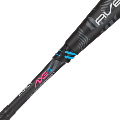 A close-up of the 2024 AXE Avenge Pro 3 Hybrid (-8) USA Baseball Bat by AXE, featuring blue and pink accents and sleek modern design—ideal for youth players seeking top performance and standout style.