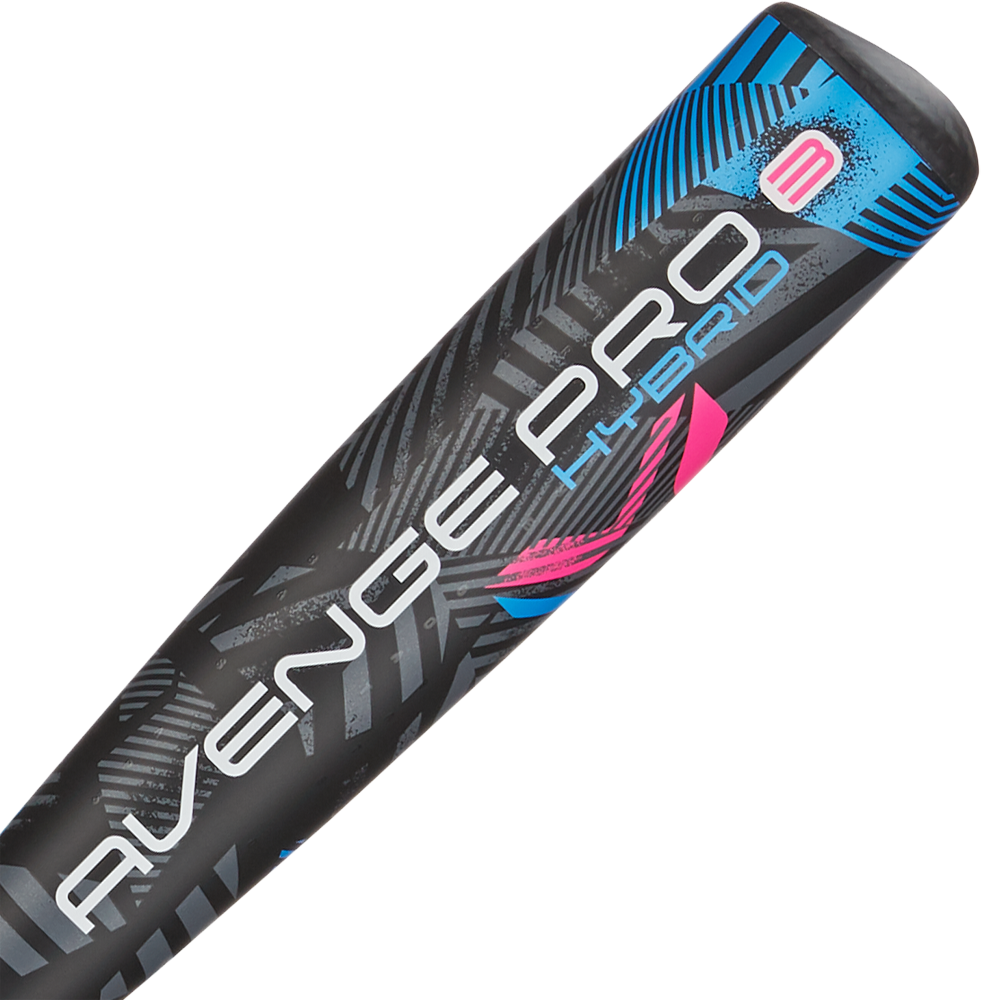 Close-up of the barrel on the 2024 AXE Avenge Pro 3 Hybrid (-8) USA Baseball Bat, featuring black geometric patterns with blue, white, and pink accents. “AVENGE PRO HYBRID” and a bold pink "3" box are visible on the bat.