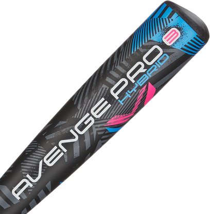 Close-up of the barrel on the 2024 AXE Avenge Pro 3 Hybrid (-8) USA Baseball Bat, featuring black geometric patterns with blue, white, and pink accents. “AVENGE PRO HYBRID” and a bold pink "3" box are visible on the bat.