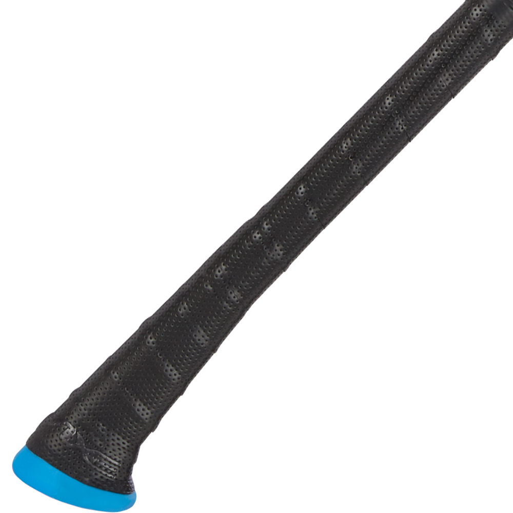 A close-up of the textured handle of the 2024 AXE Avenge Pro 3 Hybrid (-8) 2 5/8" USA Baseball Bat (L174M) shows a black grip and blue flared end, set against a white background.