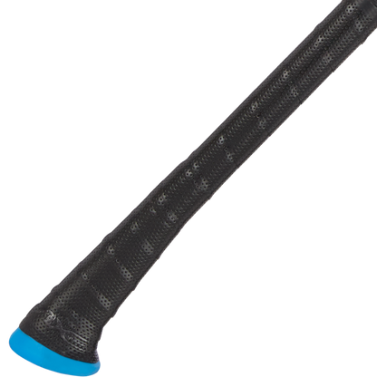 A close-up of the textured handle of the 2024 AXE Avenge Pro 3 Hybrid (-8) 2 5/8" USA Baseball Bat (L174M) shows a black grip and blue flared end, set against a white background.